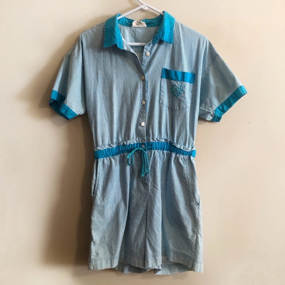 Vintage Evita Sport Blue & White Striped Cotton Romper